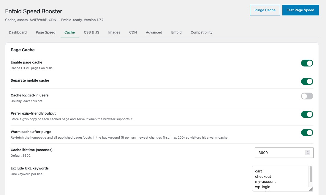 Cache settings: page cache, separate mobile cache, gzip, warm cache after purge, exclusions